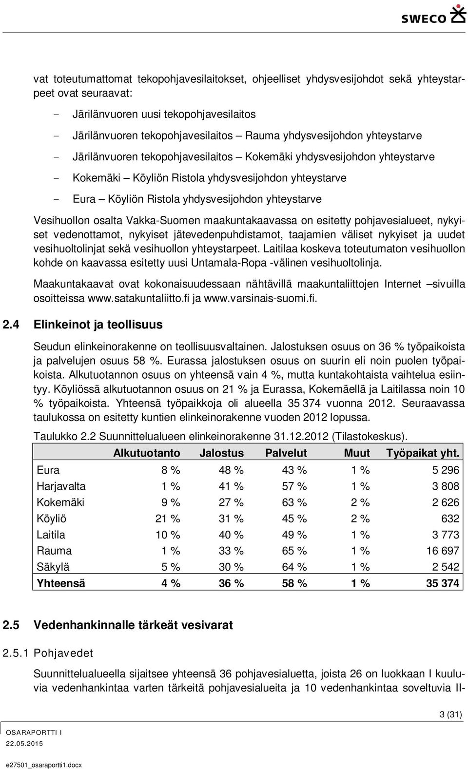 yhteystarve Vesihuollon osalta Vakka-Suomen maakuntakaavassa on esitetty pohjavesialueet, nykyiset vedenottamot, nykyiset jätevedenpuhdistamot, taajamien väliset nykyiset ja uudet vesihuoltolinjat