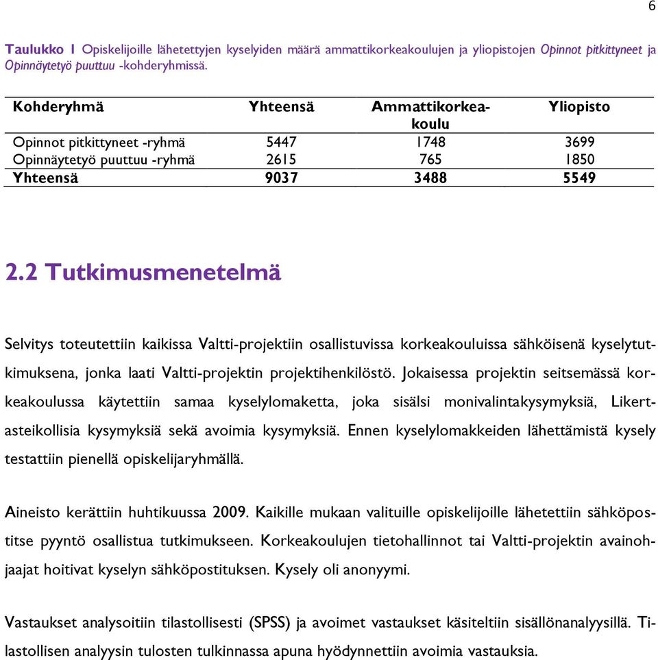 2 Tutkimusmenetelmä Selvitys toteutettiin kaikissa Valtti-projektiin osallistuvissa korkeakouluissa sähköisenä kyselytutkimuksena, jonka laati Valtti-projektin projektihenkilöstö.