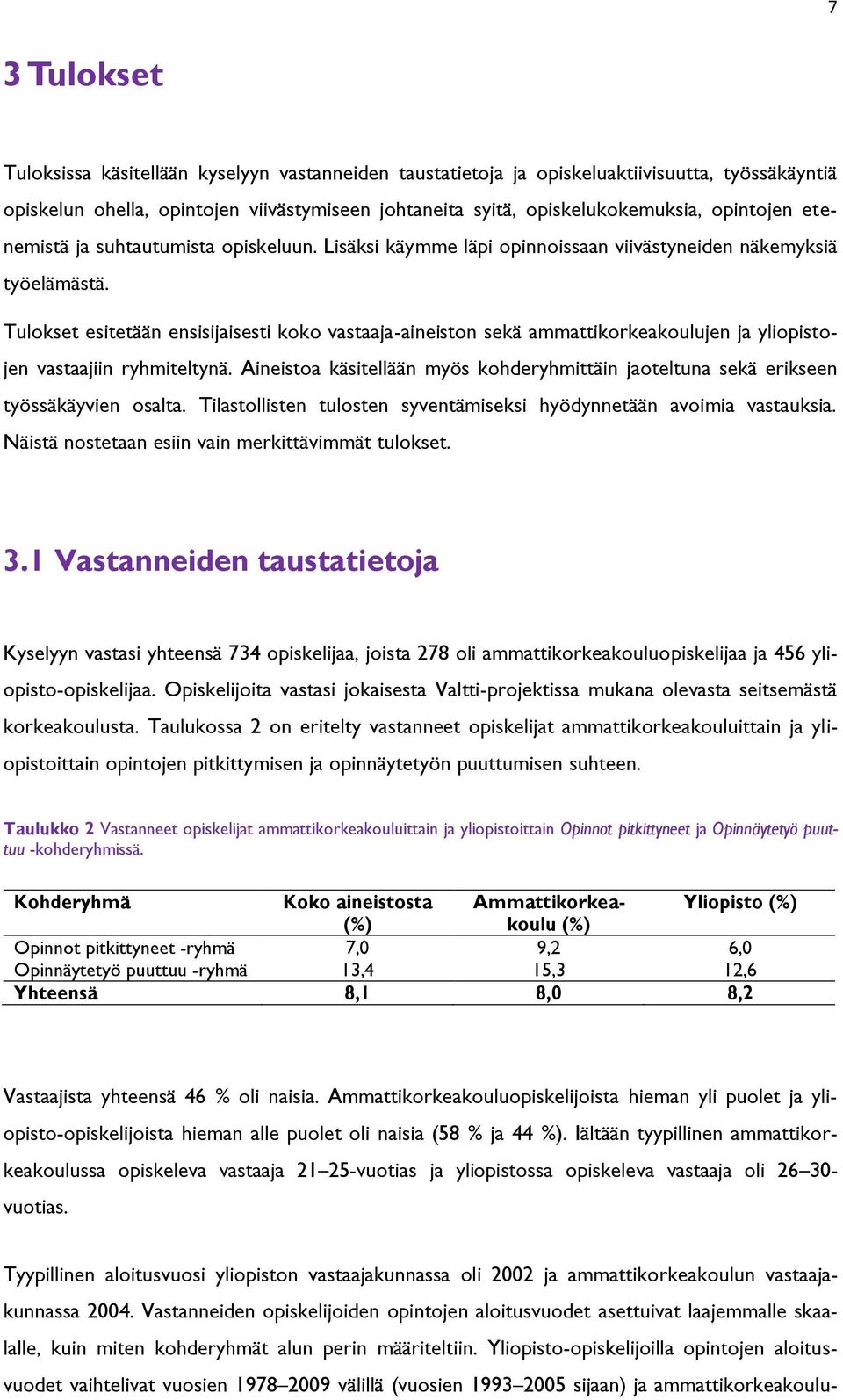 Tulokset esitetään ensisijaisesti koko vastaaja-aineiston sekä ammattikorkeakoulujen ja yliopistojen vastaajiin ryhmiteltynä.