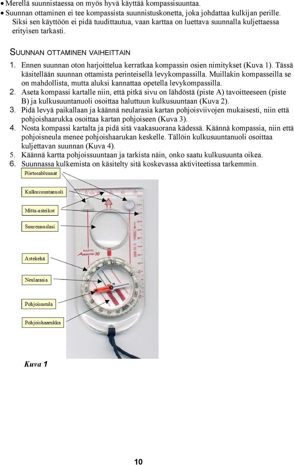 Ennen suunnan oton harjoittelua kerratkaa kompassin osien nimitykset (Kuva 1). Tässä käsitellään suunnan ottamista perinteisellä levykompassilla.