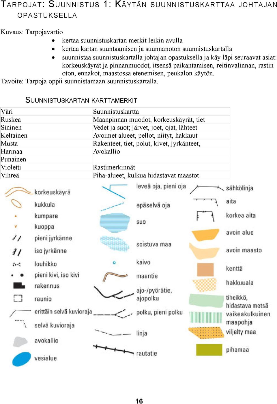 maastossa etenemisen, peukalon käytön. Tavoite: Tarpoja oppii suunnistamaan suunnistuskartalla.