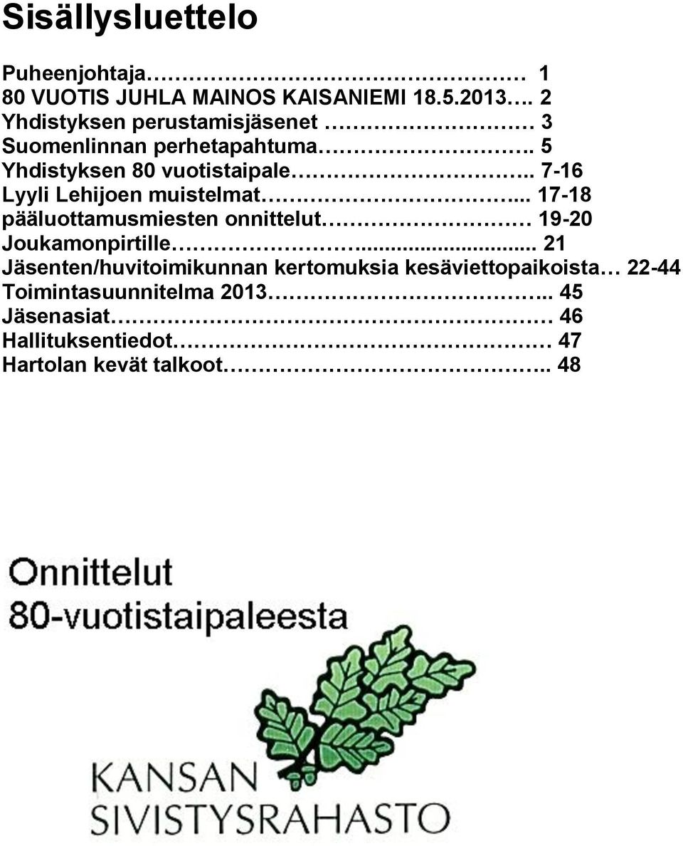 . 7-16 Lyyli Lehijoen muistelmat... 17-18 pääluottamusmiesten onnittelut 19-20 Joukamonpirtille.