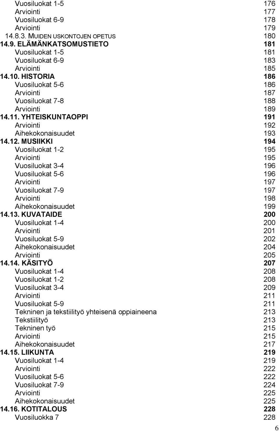 MUSIIKKI 194 Vuosiluokat 1-2 195 Arviointi 195 Vuosiluokat 3-4 196 Vuosiluokat 5-6 196 Arviointi 197 Vuosiluokat 7-9 197 Arviointi 198 Aihekokonaisuudet 199 14.13.