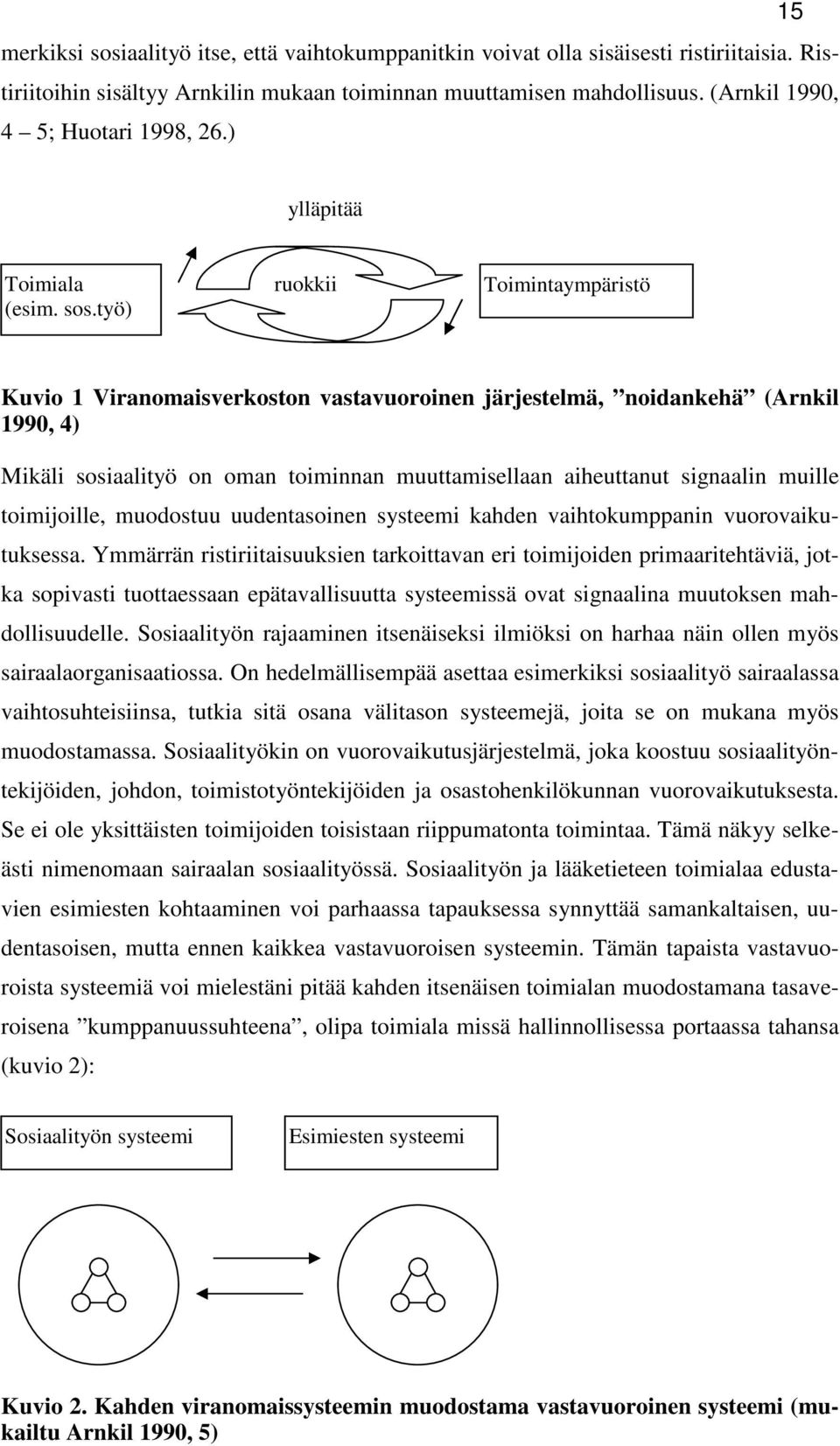 työ) ruokkii Toimintaympäristö Kuvio 1 Viranomaisverkoston vastavuoroinen järjestelmä, noidankehä (Arnkil 1990, 4) Mikäli sosiaalityö on oman toiminnan muuttamisellaan aiheuttanut signaalin muille