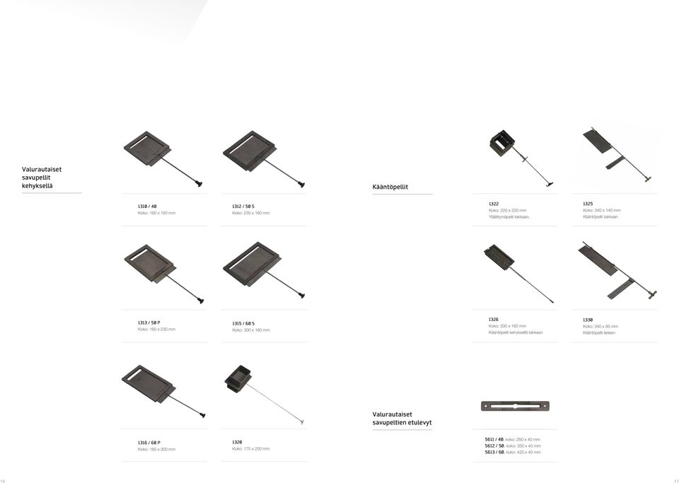 1325 Koko: 340 x 140 mm Kääntöpelti takkaan 1313 / 50 P Koko: 160 x 230 mm 1315 / 60 S Koko: 300 x 160 mm 1326 Koko: 300 x 160 mm