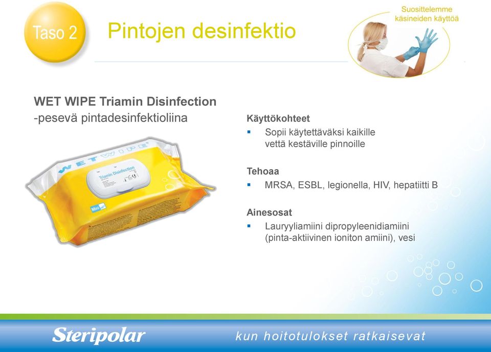 kestäville pinnoille Tehoaa MRSA, ESBL, legionella, HIV, hepatiitti B