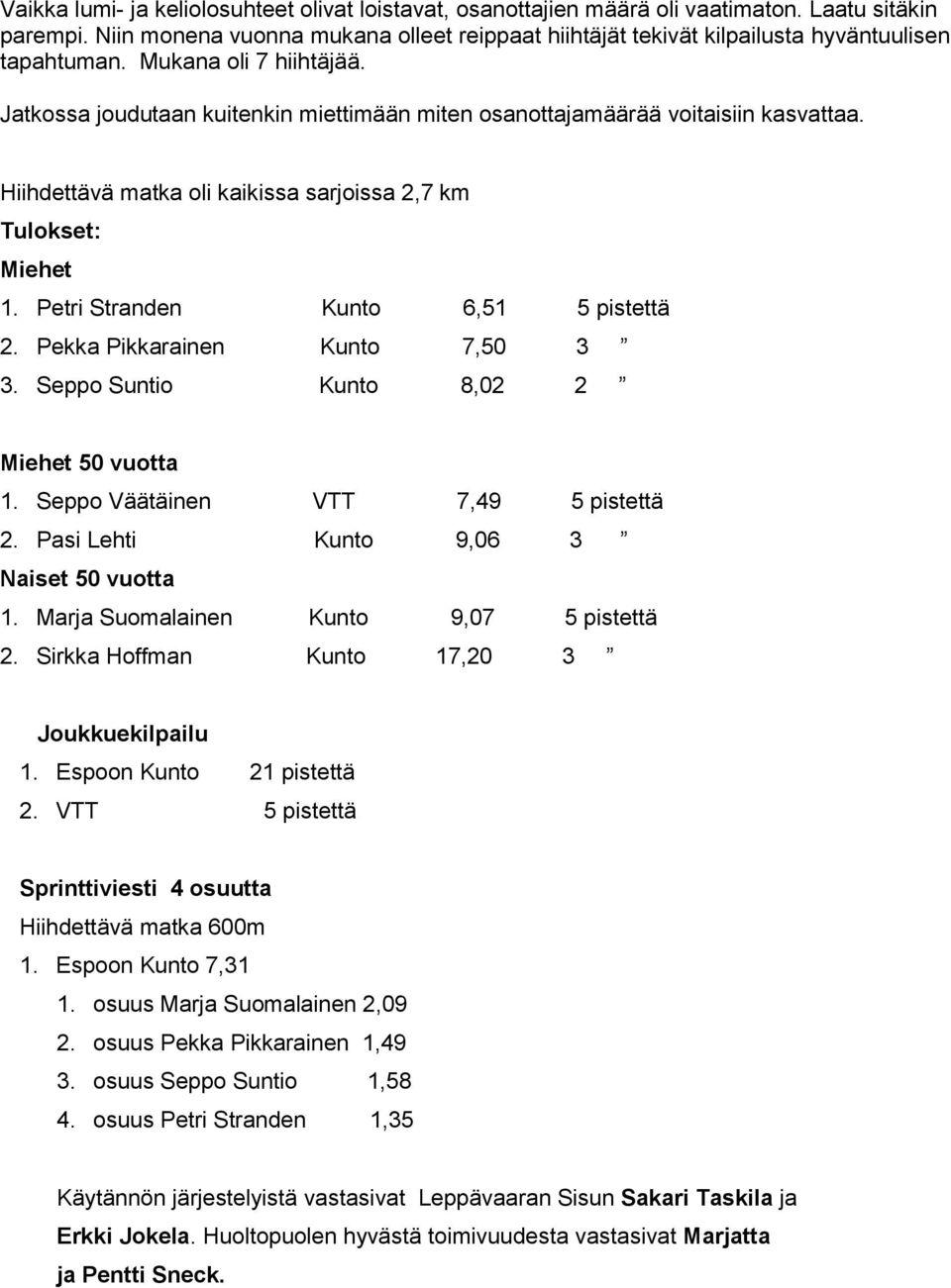 Jatkossa joudutaan kuitenkin miettimään miten osanottajamäärää voitaisiin kasvattaa. Hiihdettävä matka oli kaikissa sarjoissa 2,7 km Tulokset: Miehet 1. Petri Stranden Kunto 6,51 5 pistettä 2.