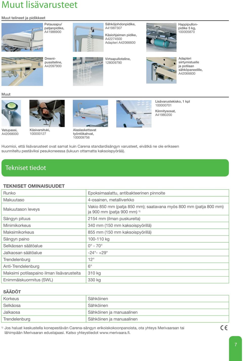 A42068000 Käsivarsituki, 100000127 Alaslaskettavat työntökahvat, 100009756 Huomioi, että lisävarusteet ovat samat kuin Carena standardisängyn varusteet, eivätkä ne ole erikseen suunniteltu pestäviksi