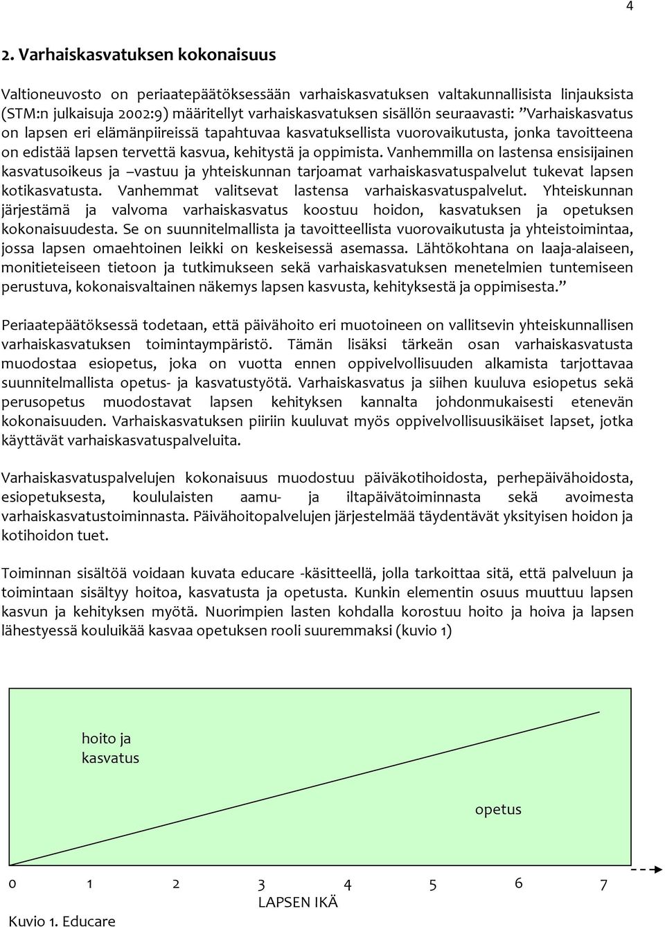 Vanhemmilla on lastensa ensisijainen kasvatusoikeus ja vastuu ja yhteiskunnan tarjoamat varhaiskasvatuspalvelut tukevat lapsen kotikasvatusta. Vanhemmat valitsevat lastensa varhaiskasvatuspalvelut.