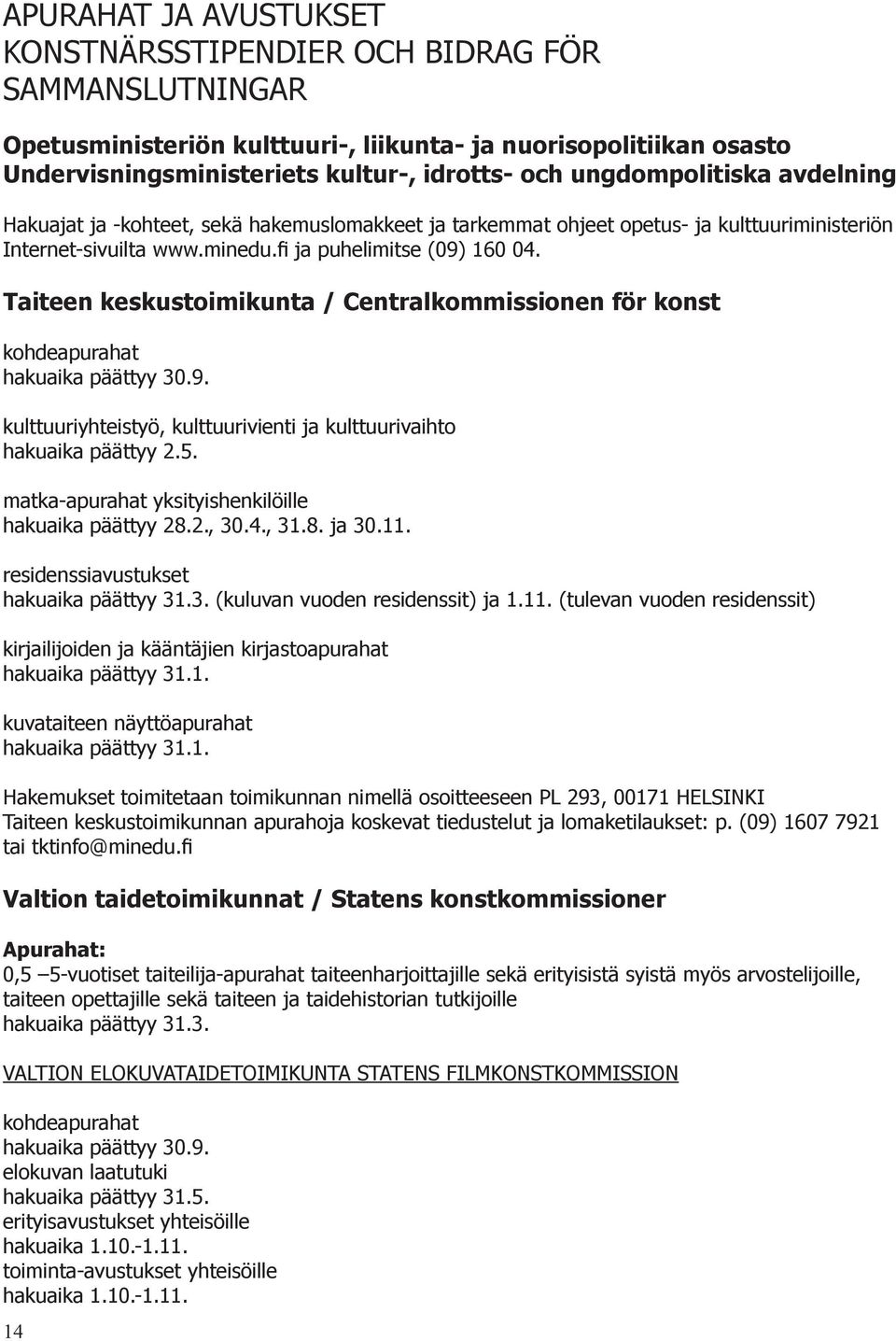 Taiteen keskustoimikunta / Centralkommissionen för konst kohdeapurahat hakuaika päättyy 30.9. kulttuuriyhteistyö, kulttuurivienti ja kulttuurivaihto hakuaika päättyy 2.5.