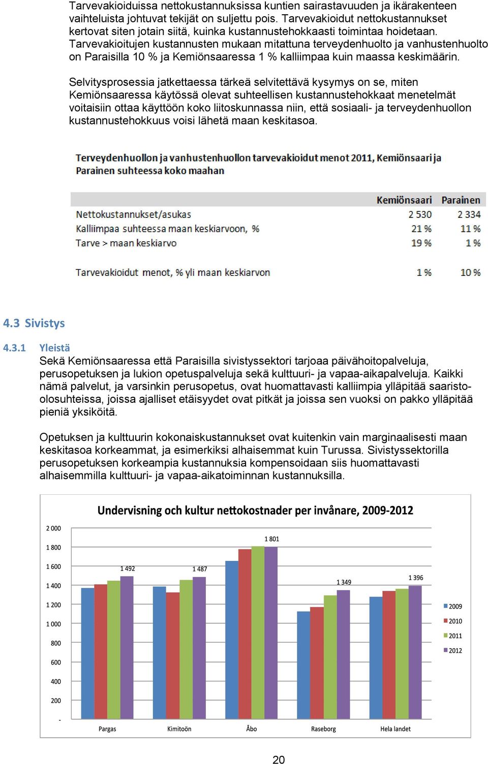 Tarvevakioitujen kustannusten mukaan mitattuna terveydenhuolto ja vanhustenhuolto on Paraisilla 10 % ja Kemiönsaaressa 1 % kalliimpaa kuin maassa keskimäärin.