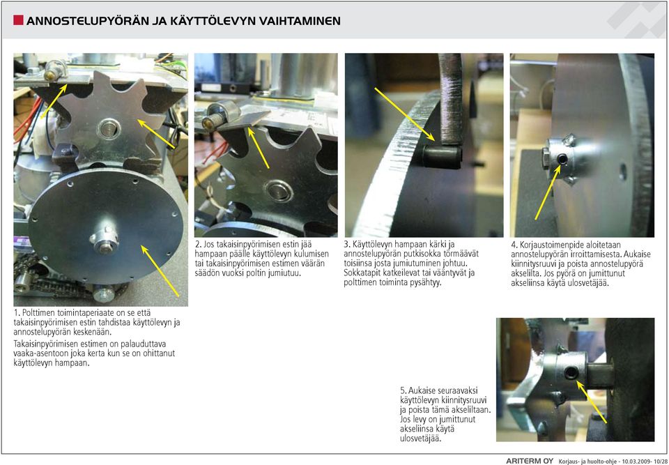 Korjaustoimenpide aloitetaan annostelupyörän irroittamisesta. Aukaise kiinnitysruuvi ja poista annostelupyörä akselilta. Jos pyörä on jumittunut akseliinsa käytä ulosvetäjää. 1.