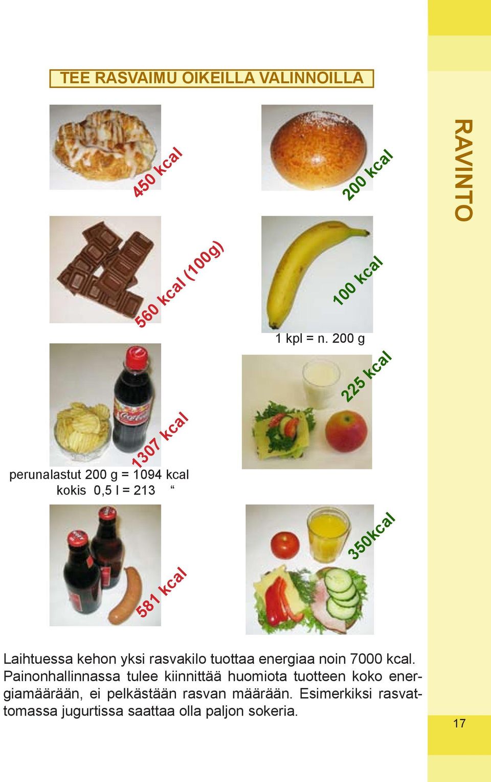 200 g 225 kcal 350kcal Laihtuessa kehon yksi rasvakilo tuottaa energiaa noin 7000 kcal.