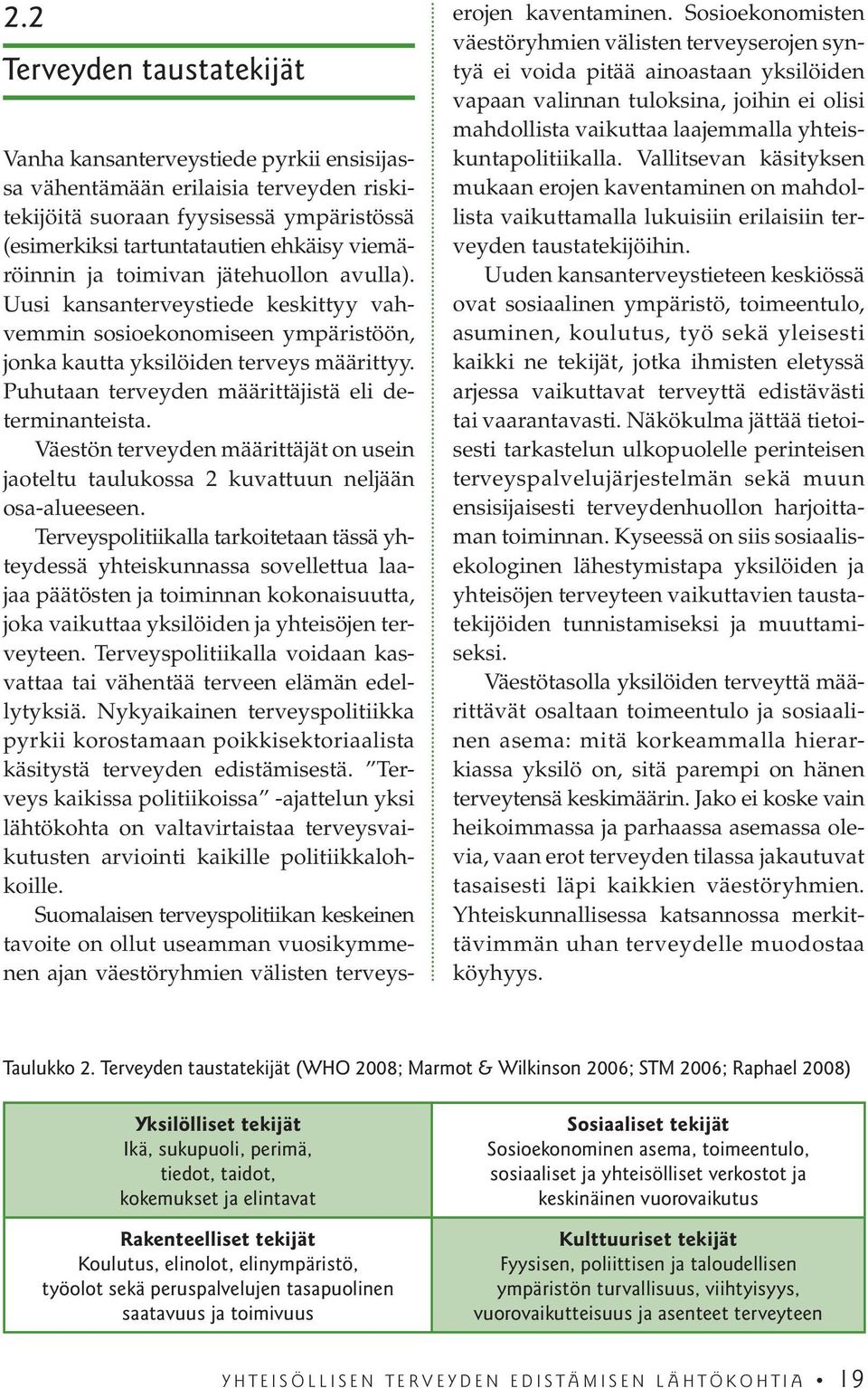 Puhutaan terveyden määrittäjistä eli determinanteista. Väestön terveyden määrittäjät on usein jaoteltu taulukossa 2 kuvattuun neljään osa-alueeseen.