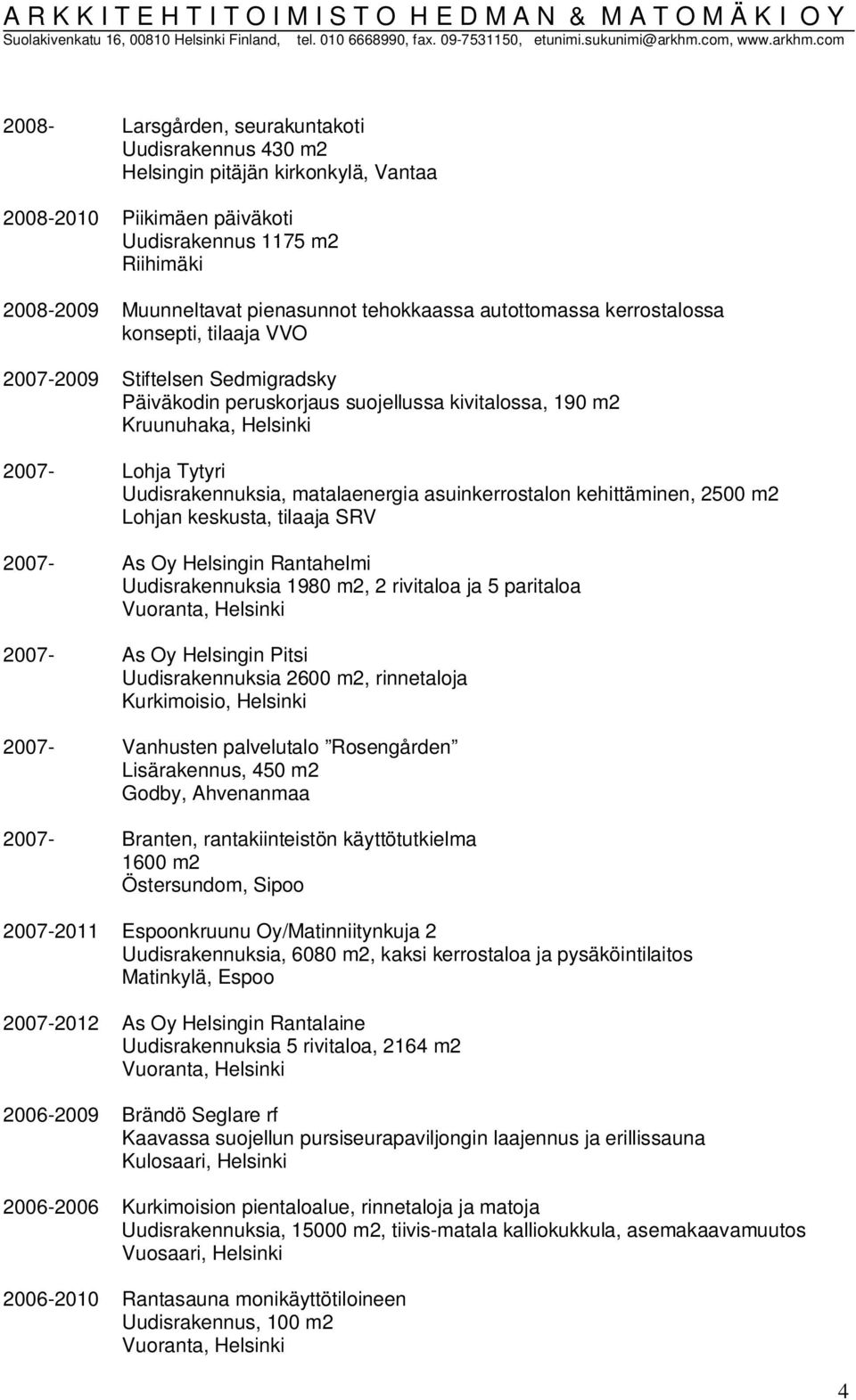 matalaenergia asuinkerrostalon kehittäminen, 2500 m2 Lohjan keskusta, tilaaja SRV 2007- As Oy Helsingin Rantahelmi Uudisrakennuksia 1980 m2, 2 rivitaloa ja 5 paritaloa 2007- As Oy Helsingin Pitsi