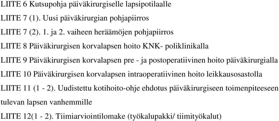 postoperatiivinen hoito päiväkirurgialla LIITE 10 Päiväkirurgisen korvalapsen intraoperatiivinen hoito leikkausosastolla LIITE 11 (1-2).