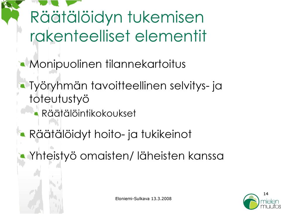 selvitys- ja toteutustyö Räätälöintikokoukset