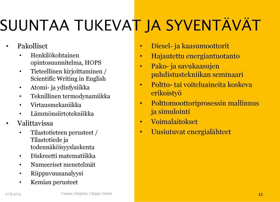 matematiikka Numeeriset menetelmät Riippuvuusanalyysi Kemian perusteet Diesel- ja kaasumoottorit Hajautettu energiantuotanto Pako- ja savukaasujen puhdistustekniikan