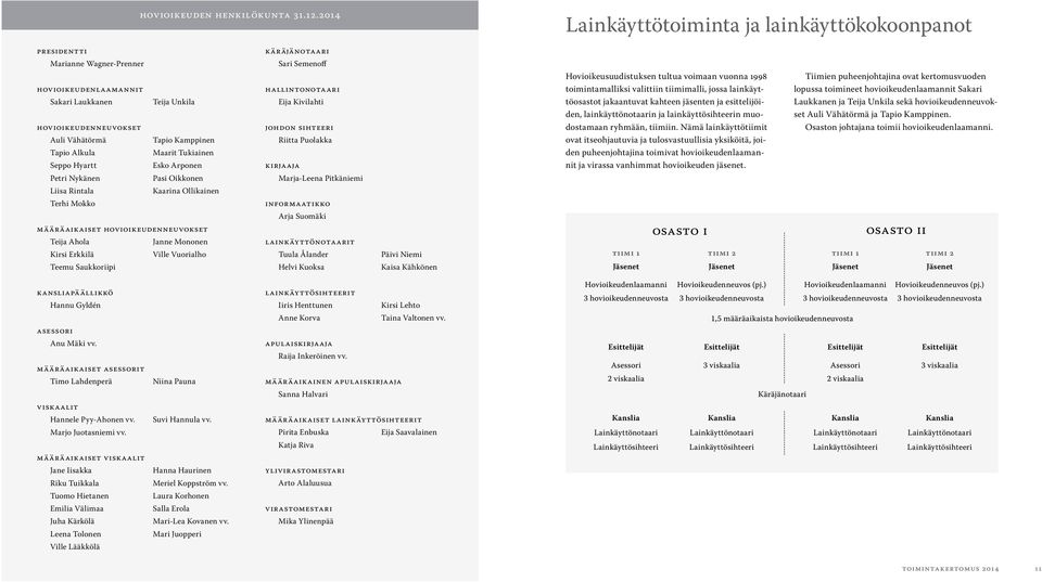 Alkula Maarit Tukiainen Seppo Hyartt Esko Arponen Petri Nykänen Pasi Oikkonen Liisa Rintala Kaarina Ollikainen Terhi Mokko Määräaikaiset hovioikeudenneuvokset Teija Ahola Janne Mononen Kirsi Erkkilä