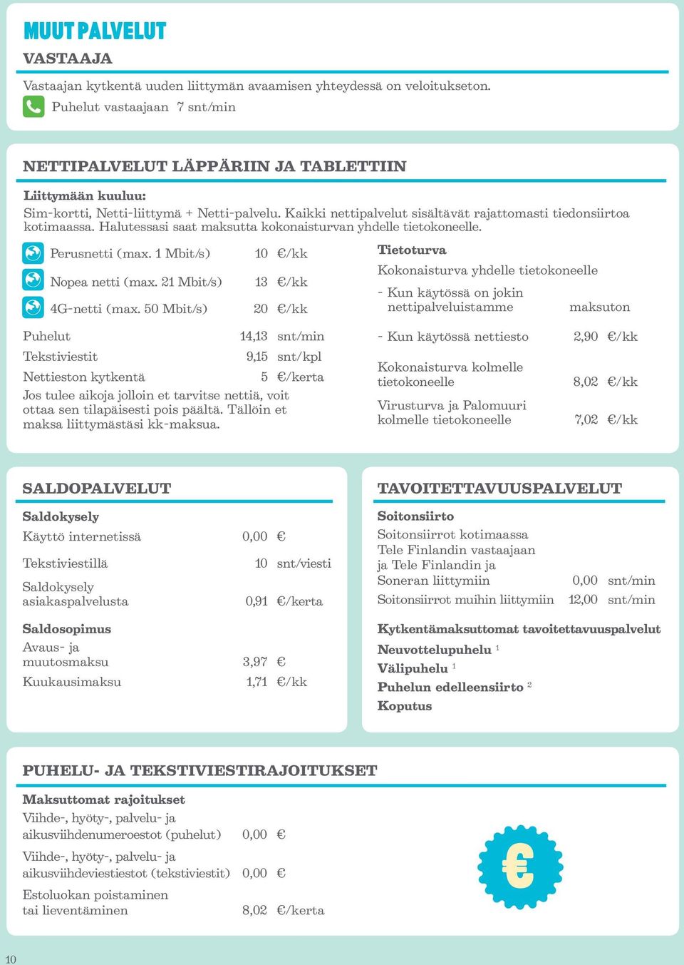 Halutessasi saat maksutta kokonaisturvan yhdelle tietokoneelle. Perusnetti (max. 1 Mbit/s) Nopea netti (max. 21 Mbit/s) 4G-netti (max.