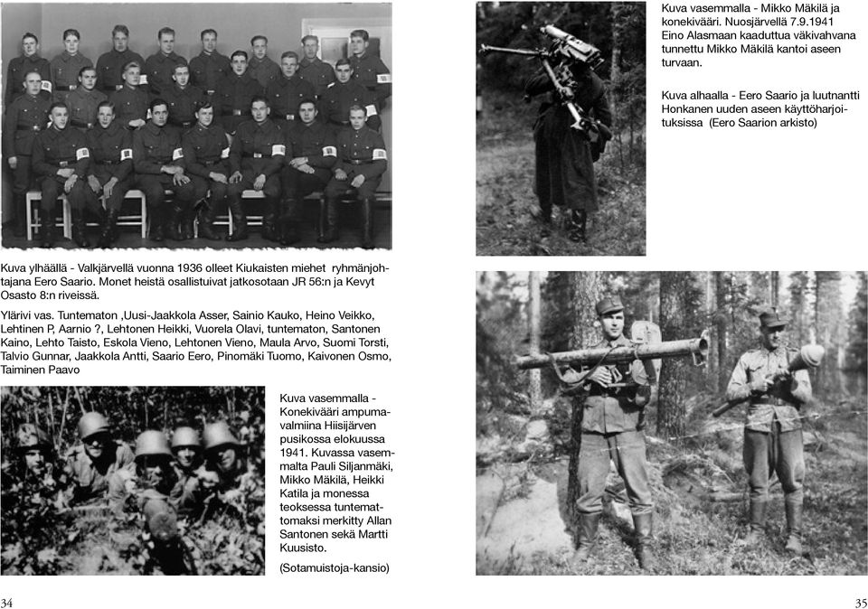 Saario. Monet heistä osallistuivat jatkosotaan JR 56:n ja Kevyt Osasto 8:n riveissä. Ylärivi vas. Tuntematon,Uusi-Jaakkola Asser, Sainio Kauko, Heino Veikko, Lehtinen P, Aarnio?