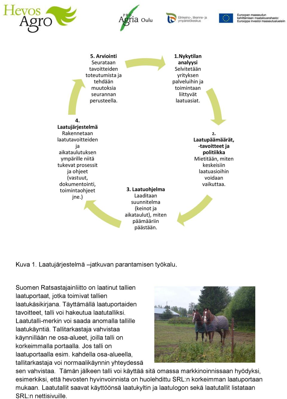 Laatuohjelma Laaditaan suunnitelma (keinot ja aikataulut), miten päämääriin päästään. 2. Laatupäämäärät, -tavoitteet ja politiikka Mietitään, miten keskeisiin laatuasioihin voidaan vaikuttaa. Kuva 1.