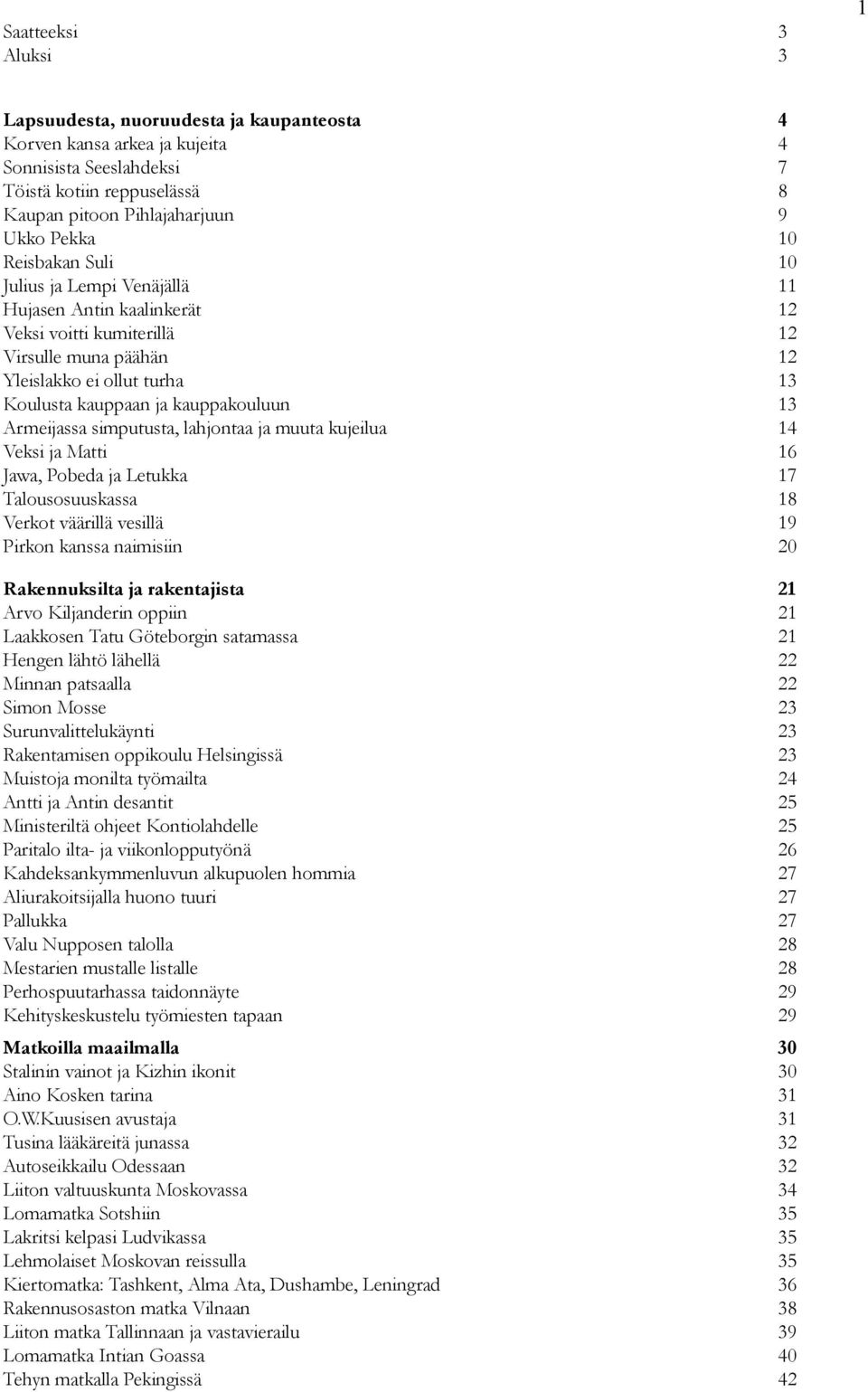 Armeijassa simputusta, lahjontaa ja muuta kujeilua 14 Veksi ja Matti 16 Jawa, Pobeda ja Letukka 17 Talousosuuskassa 18 Verkot väärillä vesillä 19 Pirkon kanssa naimisiin 20 Rakennuksilta ja