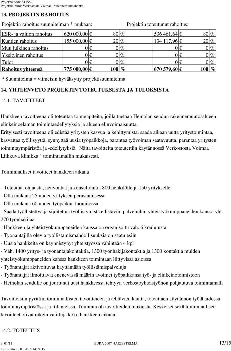 YHTEENVETO PROJEKTIN TOTEUTUKSESTA JA TULOKSISTA 14