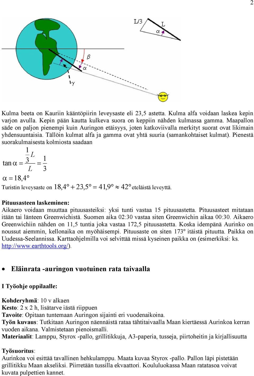 Pienestä suorakulmaisesta kolmiosta saadaan 1 L tanα= 3 = L α= 18,4 1 3 Turistin leveysaste on 18,4 + 23,5 = 41,9 42 eteläistä leveyttä.