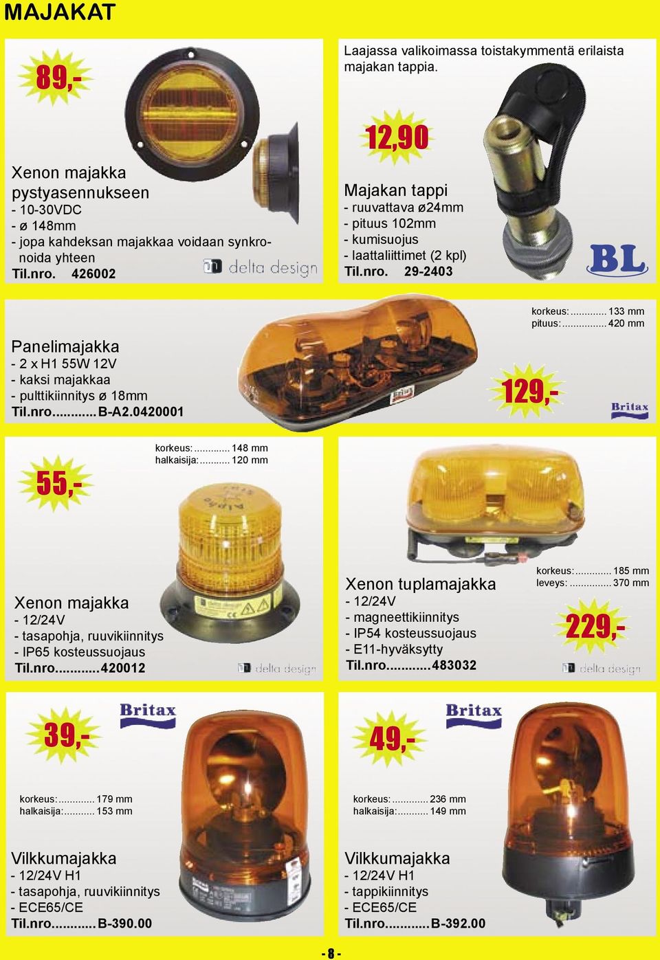 .. 133 mm pituus:... 420 mm 39,- 89,- 129,- korkeus:... 148 mm halkaisija:... 120 mm Xenon majakka - 12/24V - tasapohja, ruuvikiinnitys - IP65 kosteussuojaus.