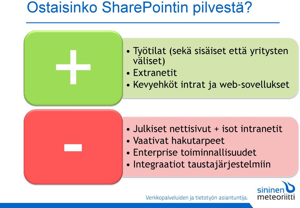 Kevyehköt intrat ja web-sovellukset Julkiset nettisivut + isot