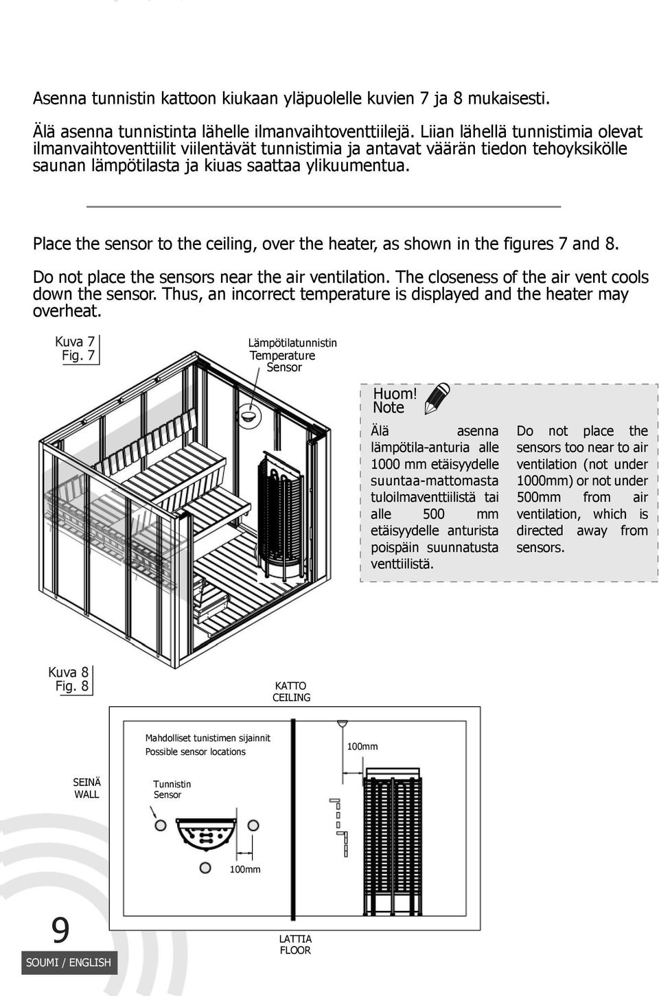 Place the sensor to the ceiling, over the heater, as shown in the figures 7 and 8. Do not place the sensors near the air ventilation. The closeness of the air vent cools down the sensor.