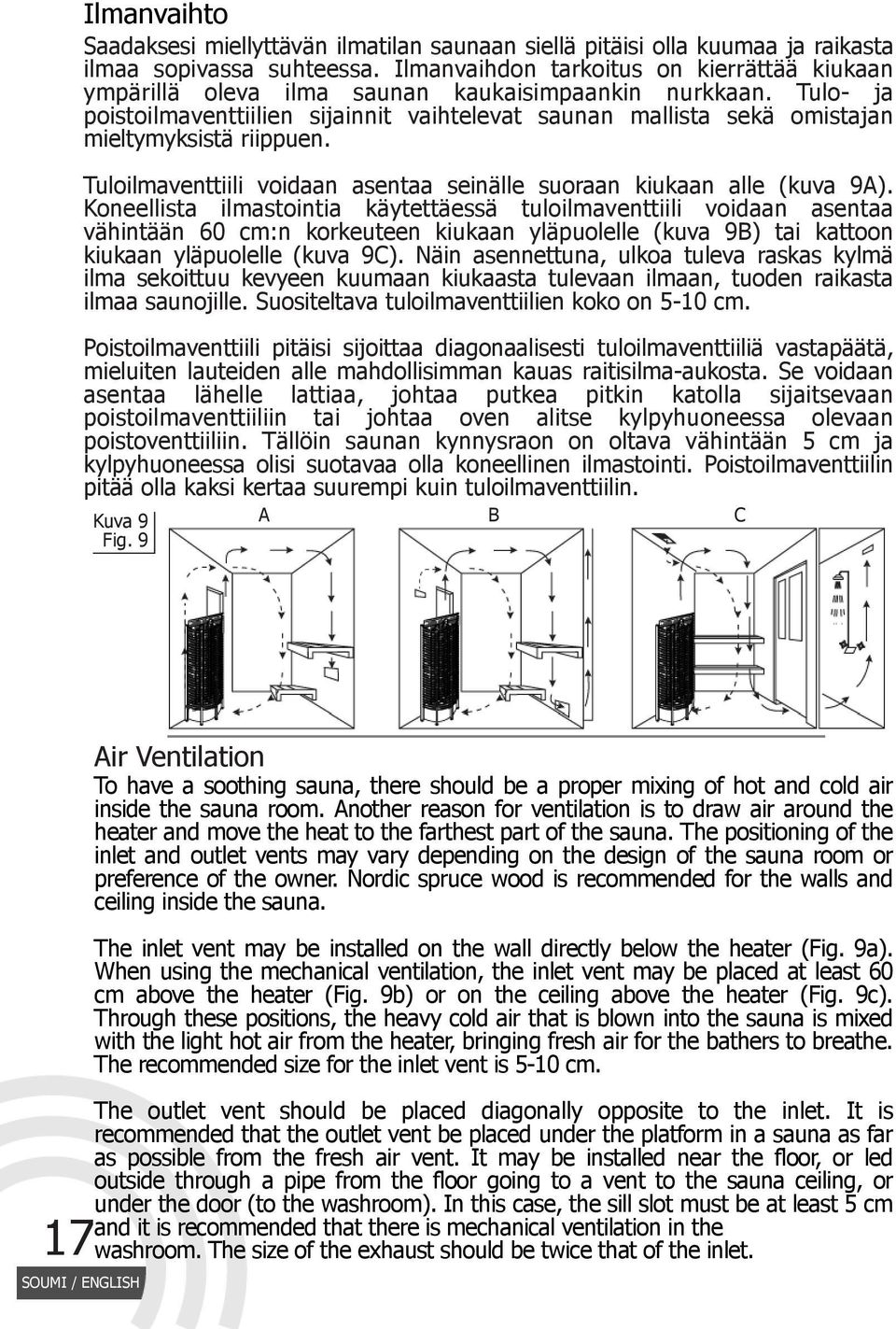 Tulo- ja poistoilmaventtiilien sijainnit vaihtelevat saunan mallista sekä omistajan mieltymyksistä riippuen. Tuloilmaventtiili voidaan asentaa seinälle suoraan kiukaan alle (kuva 9A).
