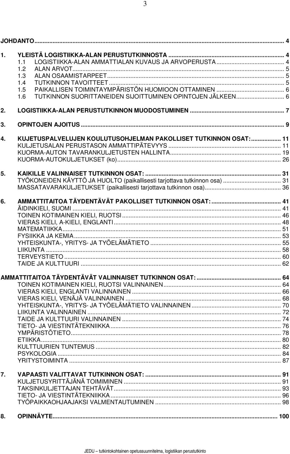 OPINTOJEN AJOITUS... 9 4. KUJETUSPALVELUJEN KOULUTUSOHJELMAN PAKOLLISET TUTKINNON OSAT:... 11 KULJETUSALAN PERUSTASON AMMATTIPÄTEVYYS... 11 KUORMA-AUTON TAVARANKULJETUSTEN HALLINTA.