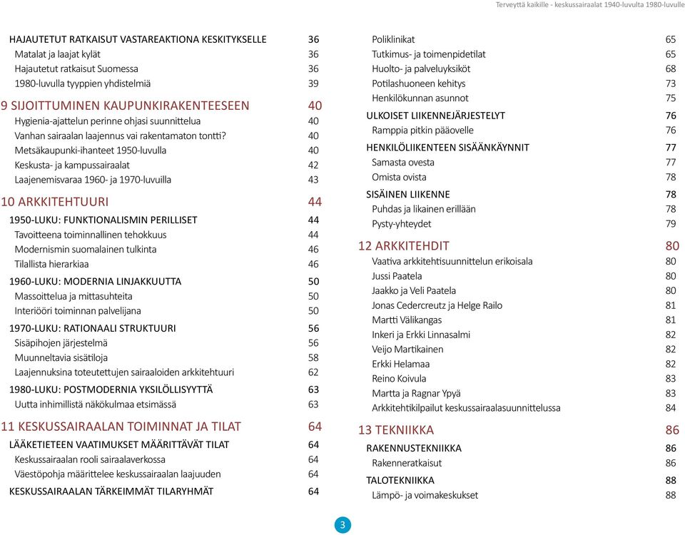 40 Metsäkaupunki-ihanteet 1950-luvulla 40 Keskusta- ja kampussairaalat 42 Laajenemisvaraa 1960- ja 1970-luvuilla 43 10 ARKKITEHTUURI 44 1950-LUKU: FUNKTIONALISMIN PERILLISET 44 Tavoitteena