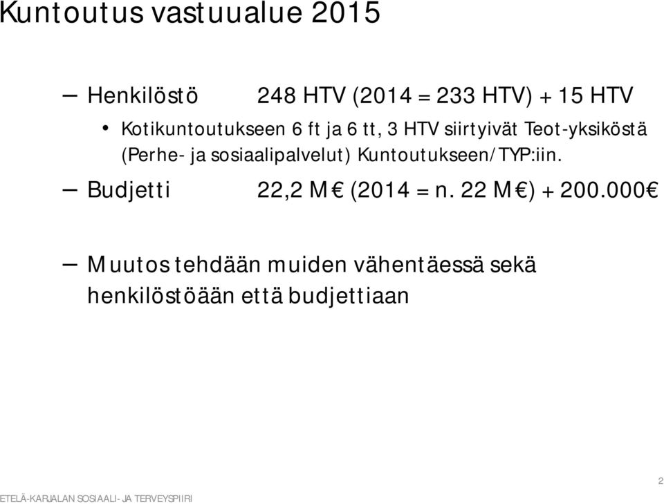 sosiaalipalvelut) Kuntoutukseen/TYP:iin. Budjetti 22,2 M (2014 = n.