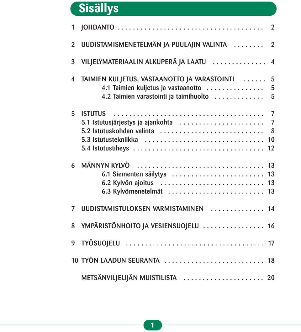 1 Istutusjärjestys ja ajankohta...................... 07 5.2 Istutuskohdan valinta........................... 08 5.3 Istutustekniikka............................... 10 5.4 Istutustiheys.