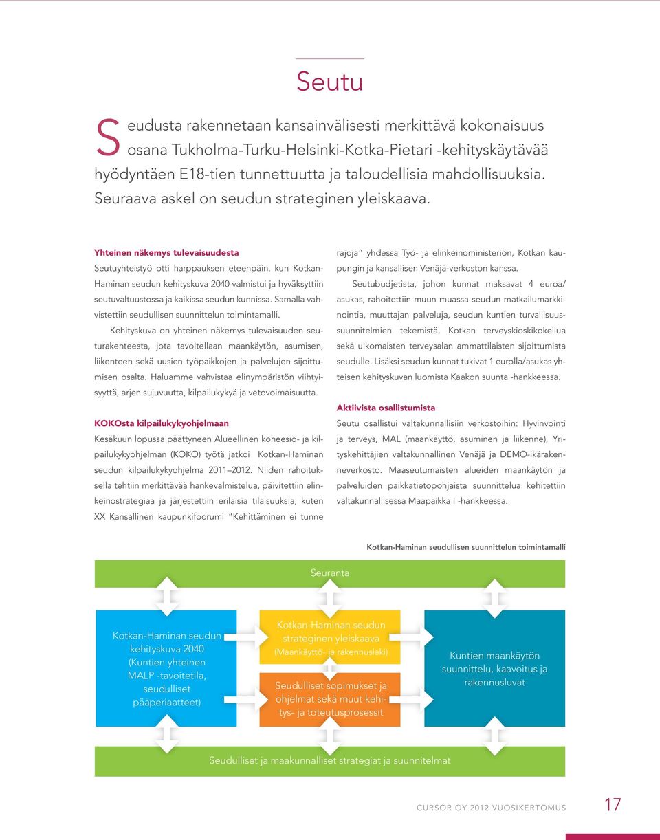 Yhteinen näkemys tulevaisuudesta Seutuyhteistyö otti harppauksen eteenpäin, kun Kotkan- Haminan seudun kehityskuva 2040 valmistui ja hyväksyttiin seutuvaltuustossa ja kaikissa seudun kunnissa.