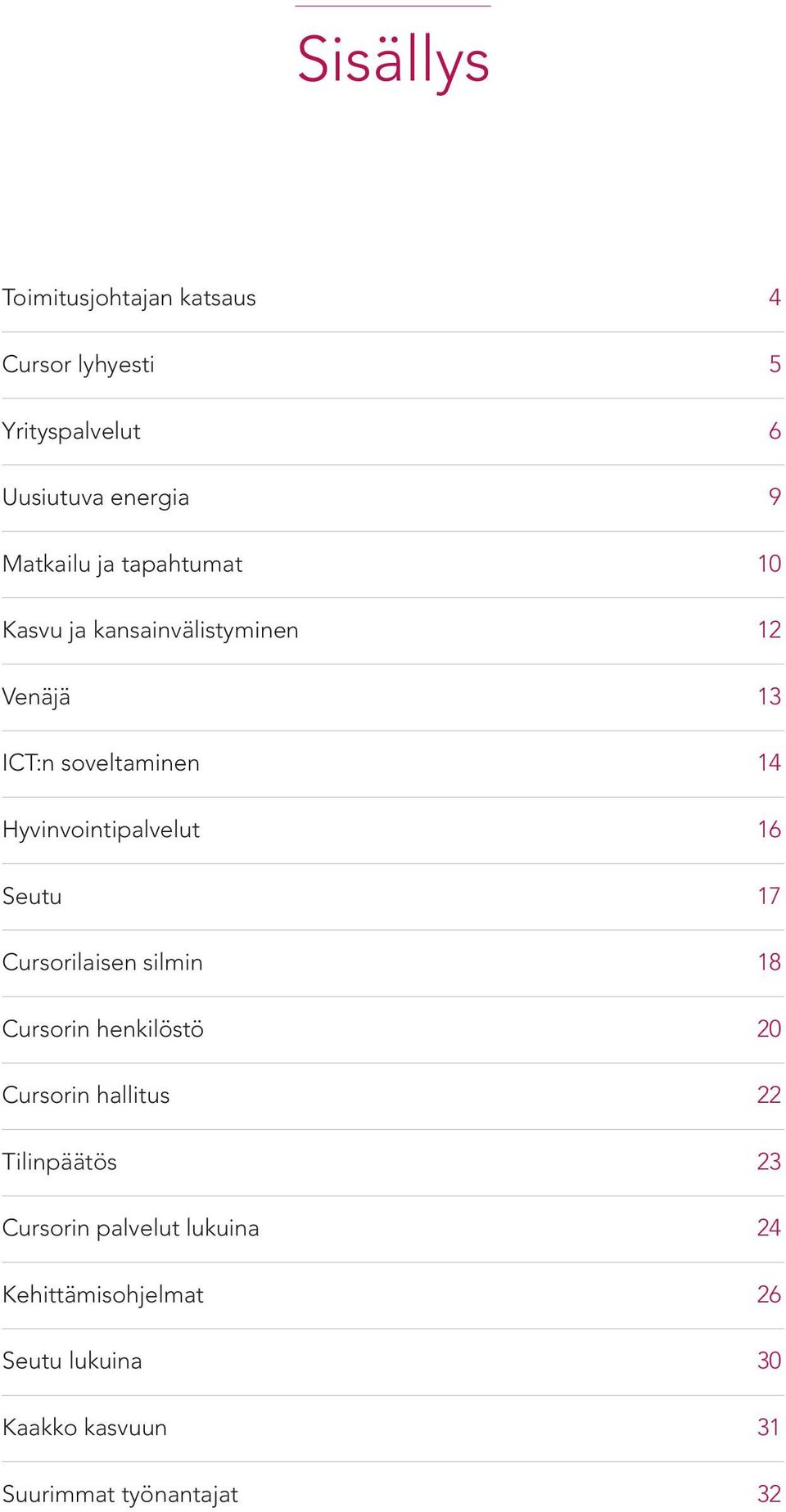 16 Seutu 17 Cursorilaisen silmin 18 Cursorin henkilöstö 20 Cursorin hallitus 22 Tilinpäätös 23