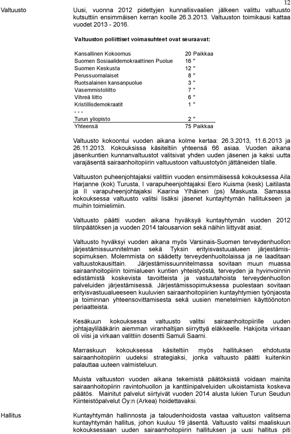 Vasemmistoliitto 7 " Vihreä liitto 6 " Kristillisdemokraatit 1 " - - - Turun yliopisto 2 " Yhteensä 75 Paikkaa Valtuusto kokoontui vuoden aikana kolme kertaa: 26.3.2013,