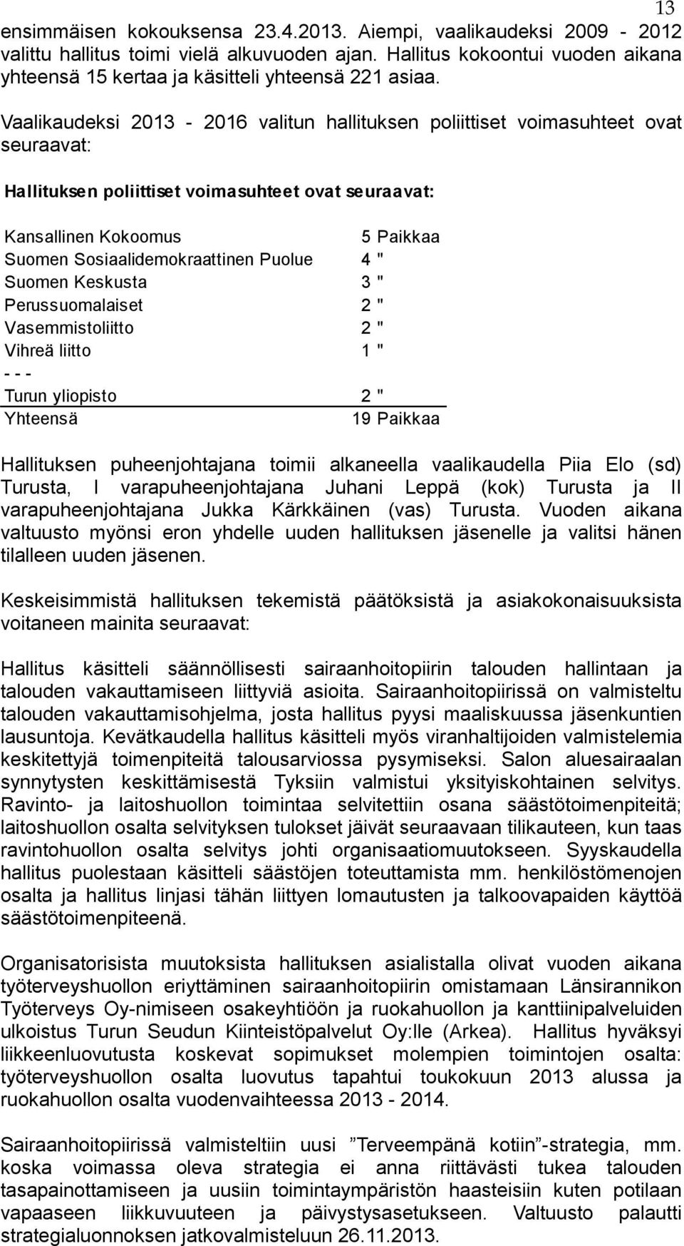 Puolue 4 " Suomen Keskusta 3 " Perussuomalaiset 2 " Vasemmistoliitto 2 " Vihreä liitto 1 " - - - Turun yliopisto 2 " Yhteensä 19 Paikkaa Hallituksen puheenjohtajana toimii alkaneella vaalikaudella