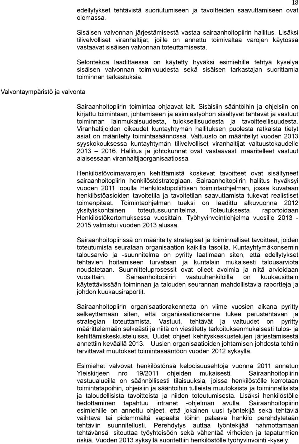 Selontekoa laadittaessa on käytetty hyväksi esimiehille tehtyä kyselyä sisäisen valvonnan toimivuudesta sekä sisäisen tarkastajan suorittamia toiminnan tarkastuksia.