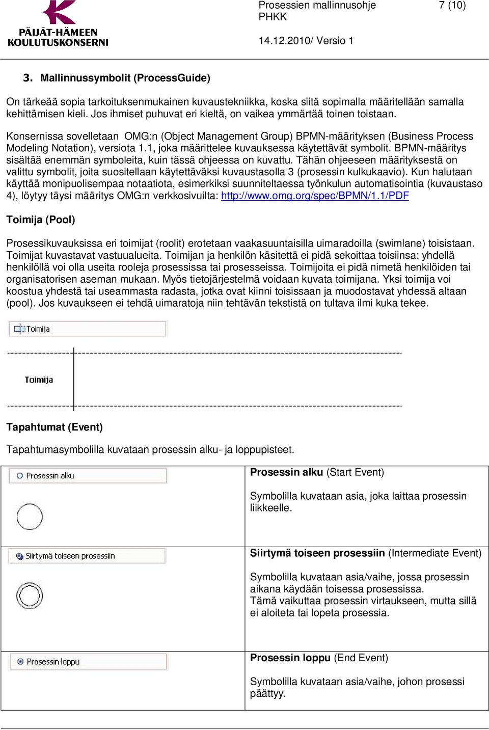 1, joka määrittelee kuvauksessa käytettävät symbolit. BPMN-määritys sisältää enemmän symboleita, kuin tässä ohjeessa on kuvattu.