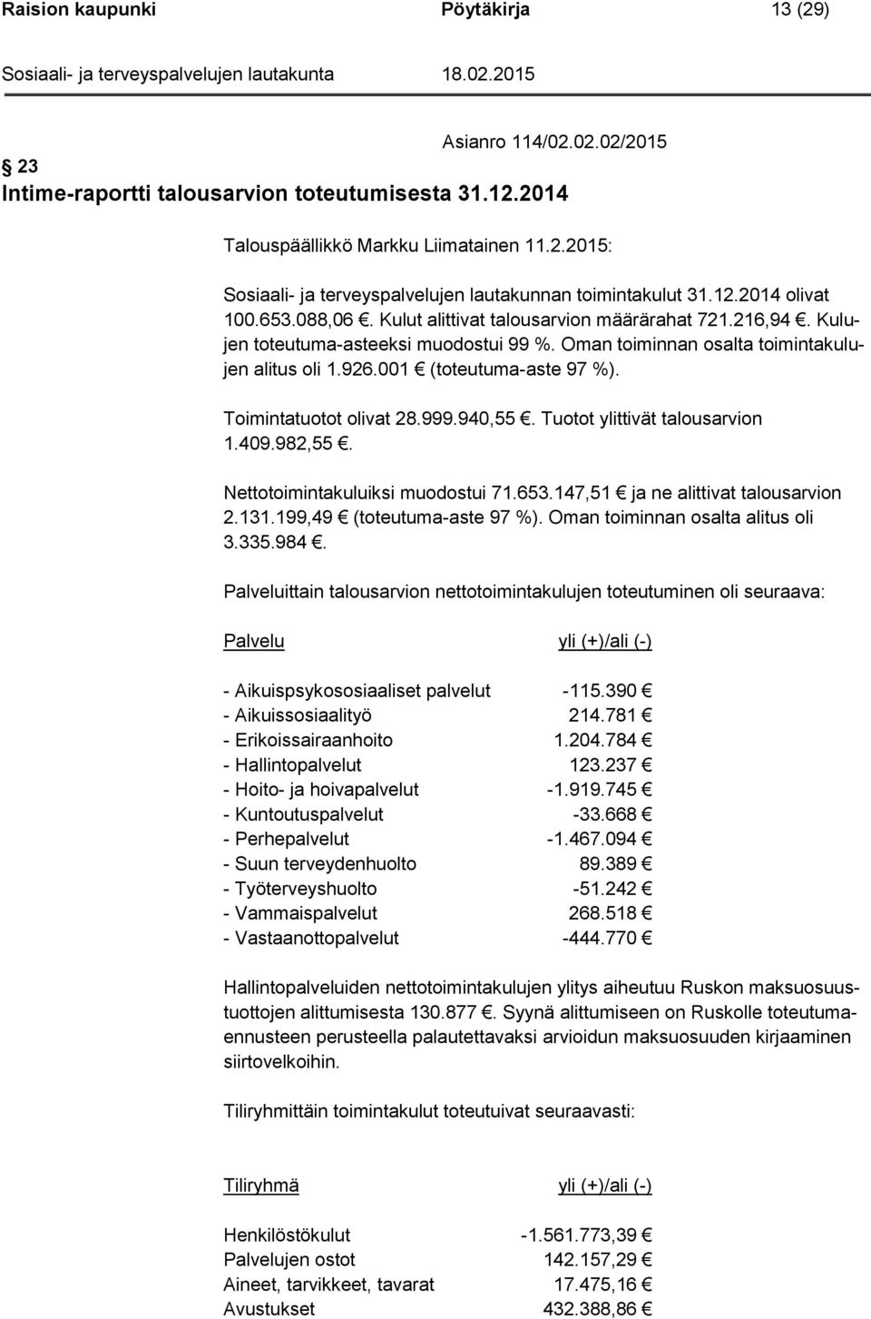 001 (toteutuma-aste 97 %). Toimintatuotot olivat 28.999.940,55. Tuotot ylittivät talousarvion 1.409.982,55. Nettotoimintakuluiksi muodostui 71.653.147,51 ja ne alittivat talousarvion 2.131.