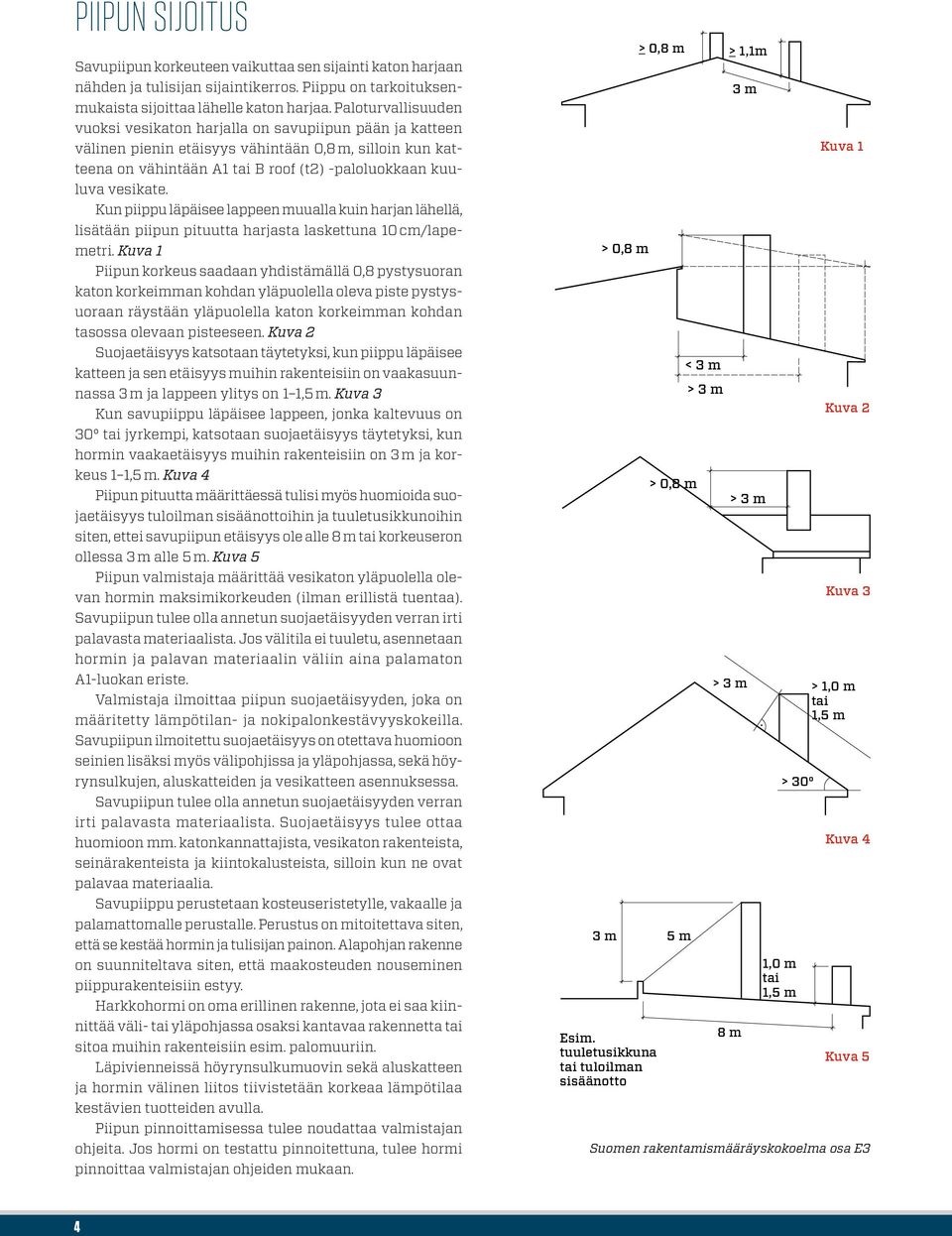 Kun piippu läpäisee lappeen muualla kuin harjan lähellä, lisätään piipun pituutta harjasta laskettuna 10 cm/lapemetri.