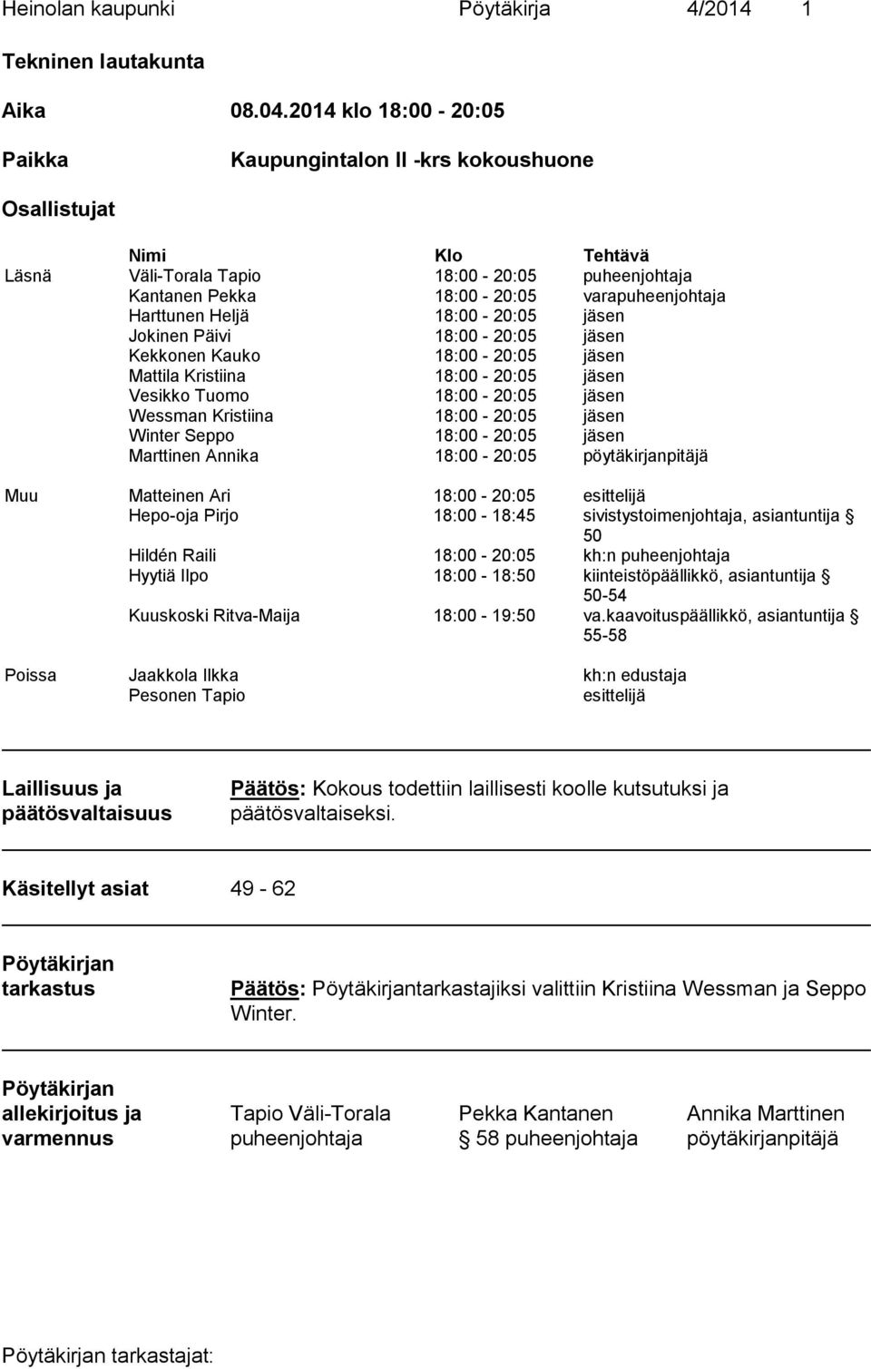 Heljä 18:00-20:05 jäsen Jokinen Päivi 18:00-20:05 jäsen Kekkonen Kauko 18:00-20:05 jäsen Mattila Kristiina 18:00-20:05 jäsen Vesikko Tuomo 18:00-20:05 jäsen Wessman Kristiina 18:00-20:05 jäsen Winter