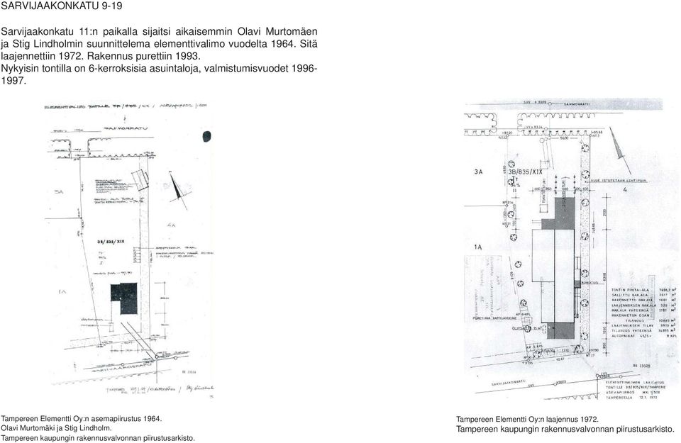 Nykyisin tontilla on 6-kerroksisia asuintaloja, valmistumisvuodet 1996-1997. Tampereen Elementti Oy:n asemapiirustus 1964.