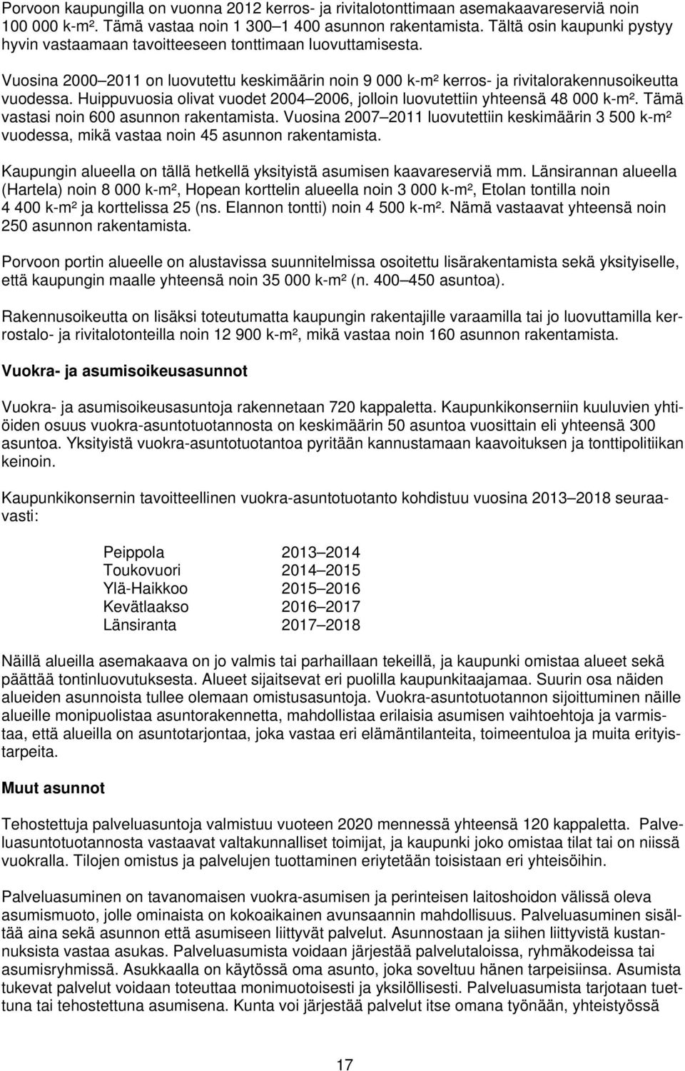 Huippuvuosia olivat vuodet 2004 2006, jolloin luovutettiin yhteensä 48 000 k-m². Tämä vastasi noin 600 asunnon rakentamista.