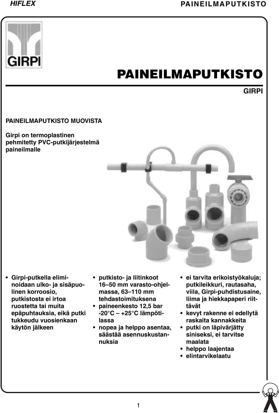 110 mm tehdastoimituksena paineenkesto 12,5 bar -20 C +25 C lämpötilassa nopea ja helppo asentaa, säästää asennuskustannuksia ei tarvita erikoistyökaluja; putkileikkuri, rautasaha,