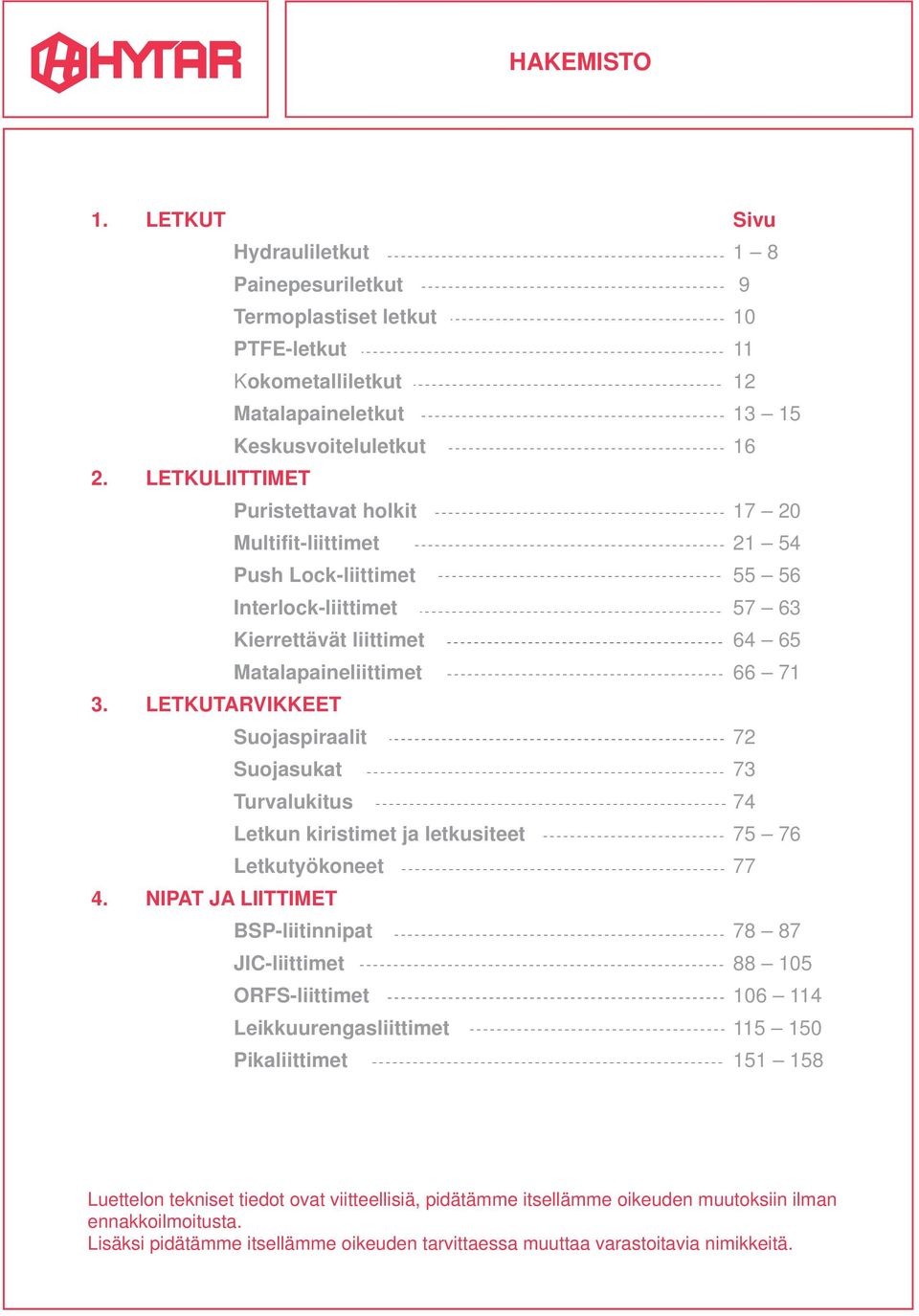 LETKUTARVIKKEET Suojaspiraalit 72 Suojasukat 73 Turvalukitus 74 Letkun kiristimet ja letkusiteet 75 76 Letkutyökoneet 77 4.